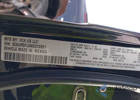 2022 Ram 2500 Laramie 4X4 6'4 Box z USA, uszkodzony, nr VIN 3C6UR5FL5NG313321